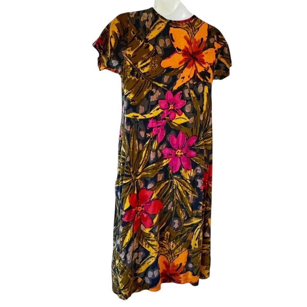 LA CERA Tee Shirt Midi Dress Dark Floral Cotton Knit Scoop Neck Side Pockets L - Picture 4 of 7